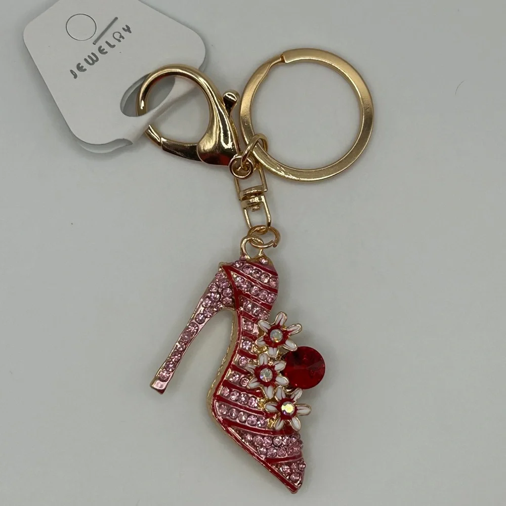 Bling Pink & Gold High Heel Keychain/Bag Charm with Floral Accents